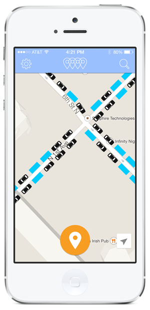 When the map is in street view, the app highlights available parking spaces.