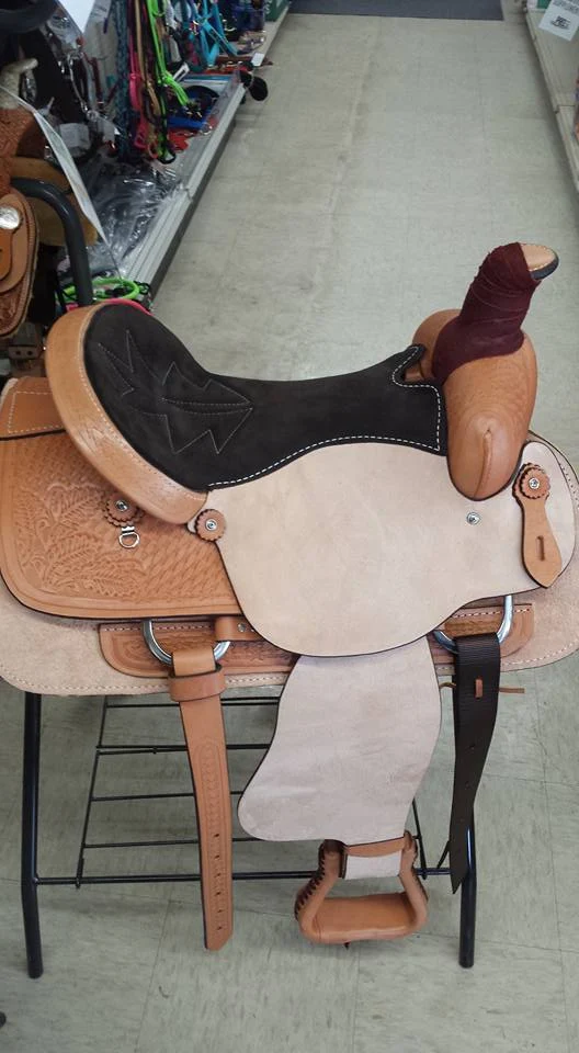 A western saddle in Baker Feed's tack department.