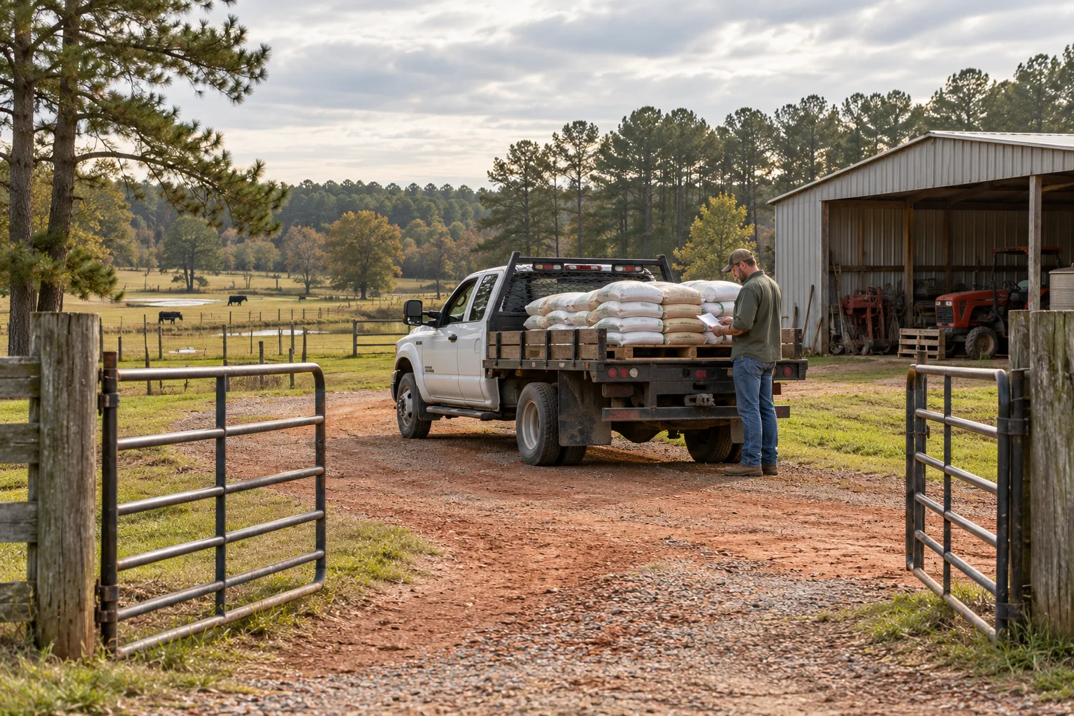 Generated illustration of a feed delivery truck inside a farm gate, with a worker checking a delivery slip.