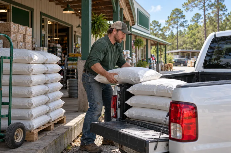 Illustrative local feed delivery being loaded at an independent store.