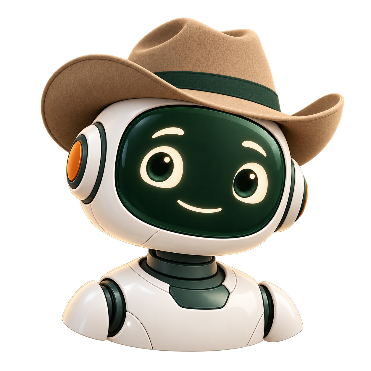 Dusty, a friendly green-and-white robot wearing a cowboy hat.