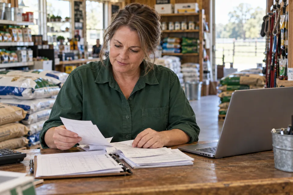 Illustrative scene of a feed-store owner reviewing receipts and an account ledger at the counter.
