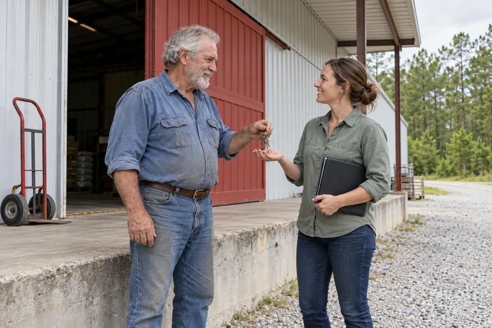 Illustrative scene of an older store owner handing over the keys outside a farm-supply warehouse with a red loading door.