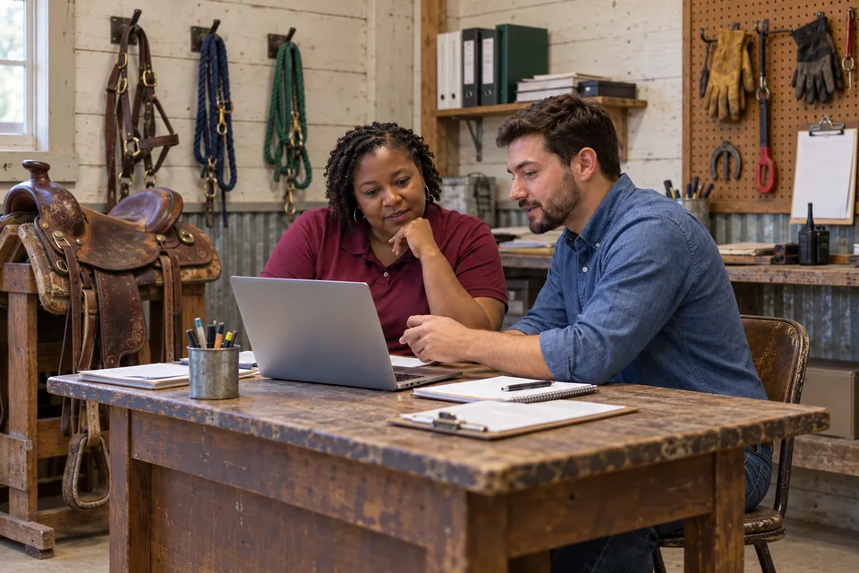 Illustrative scene of a store owner and technology specialist at a back-office desk, with a saddle on its stand and tack on the wall.