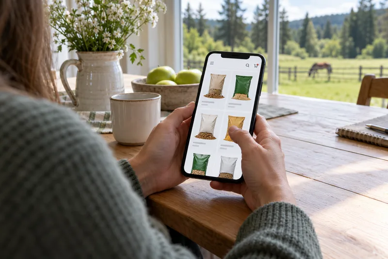 Illustrative customer browsing a feed catalog on a phone at home.