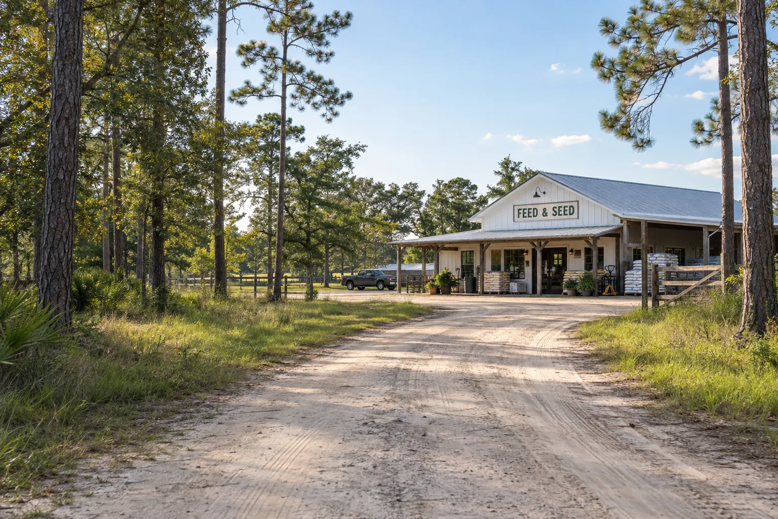 An illustrative independent feed store at the end of a sandy road through Florida pines.
