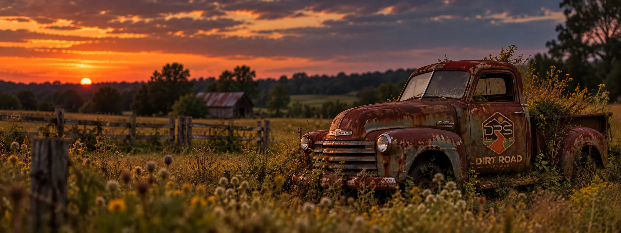 A rusted pickup truck with the Dirt Road Software logo on its door, sitting in a field of wildflowers at sunset.