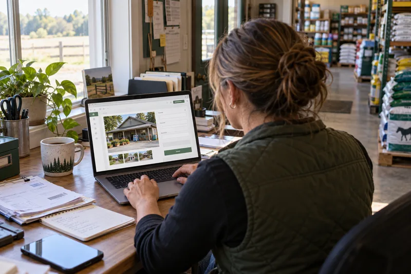 Illustrative store owner making a website update on a laptop.