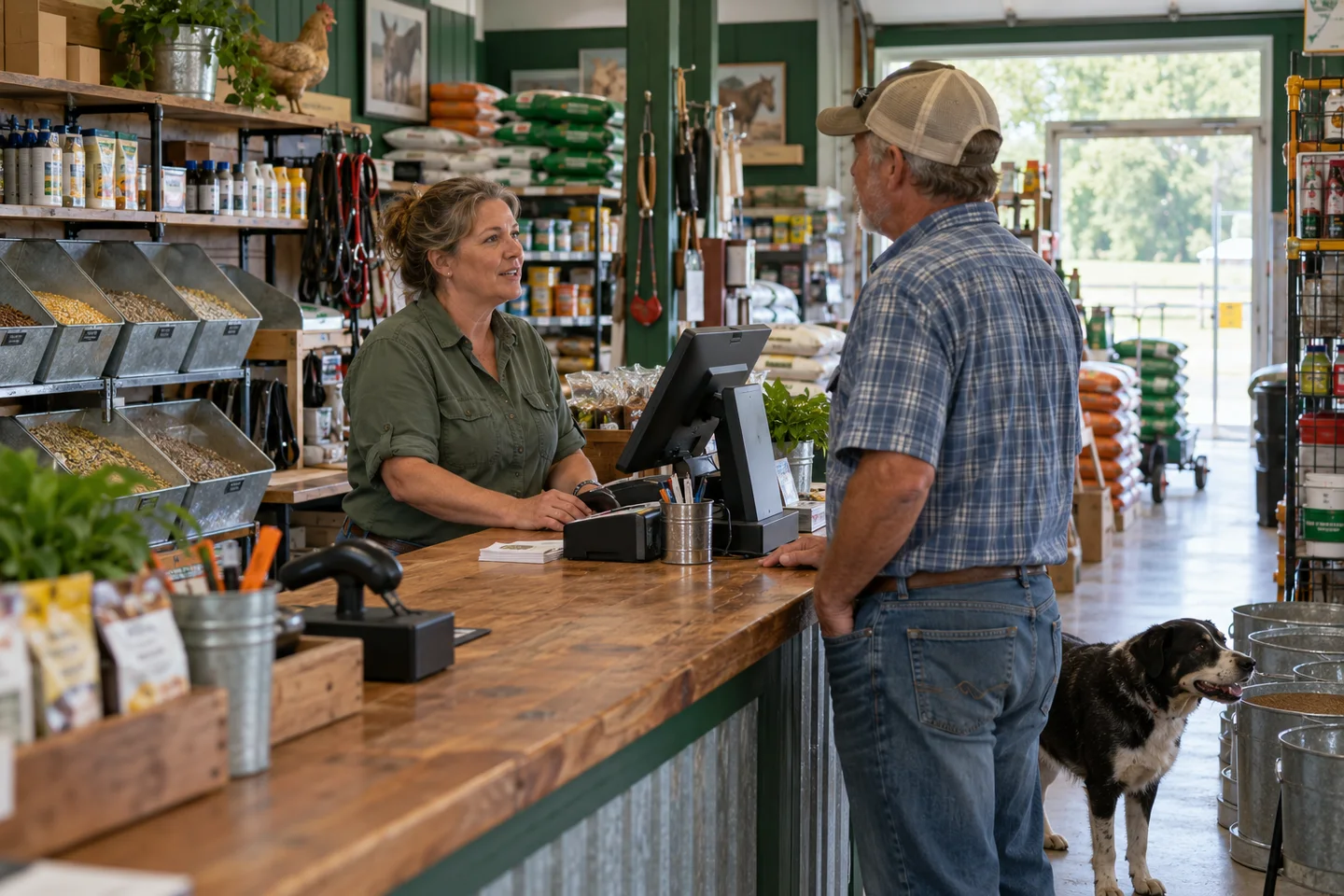 Illustrative feed store owner helping a customer at the register.