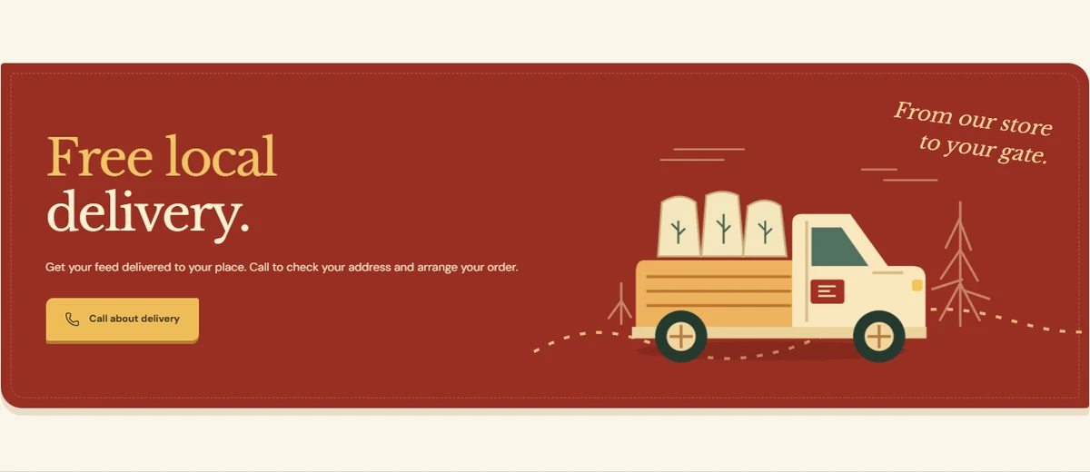 Baker Feed's red delivery section, with an illustrated feed truck and a button to call about delivery.