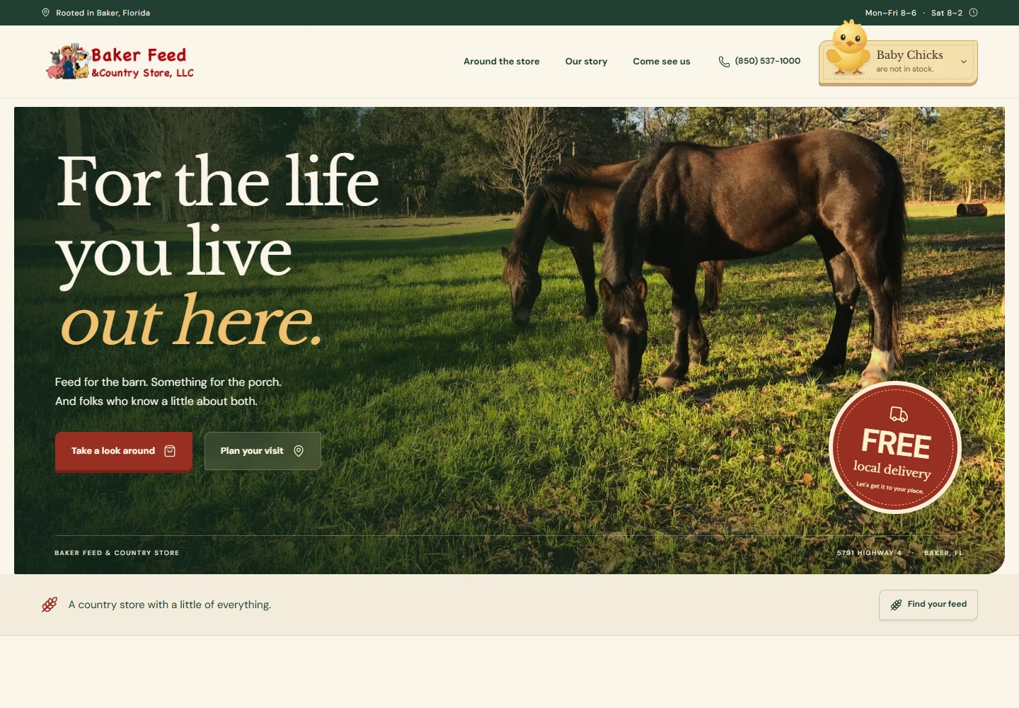 Baker Feed's website on desktop, with a horse in a pasture, store hours and a prominent local delivery badge.