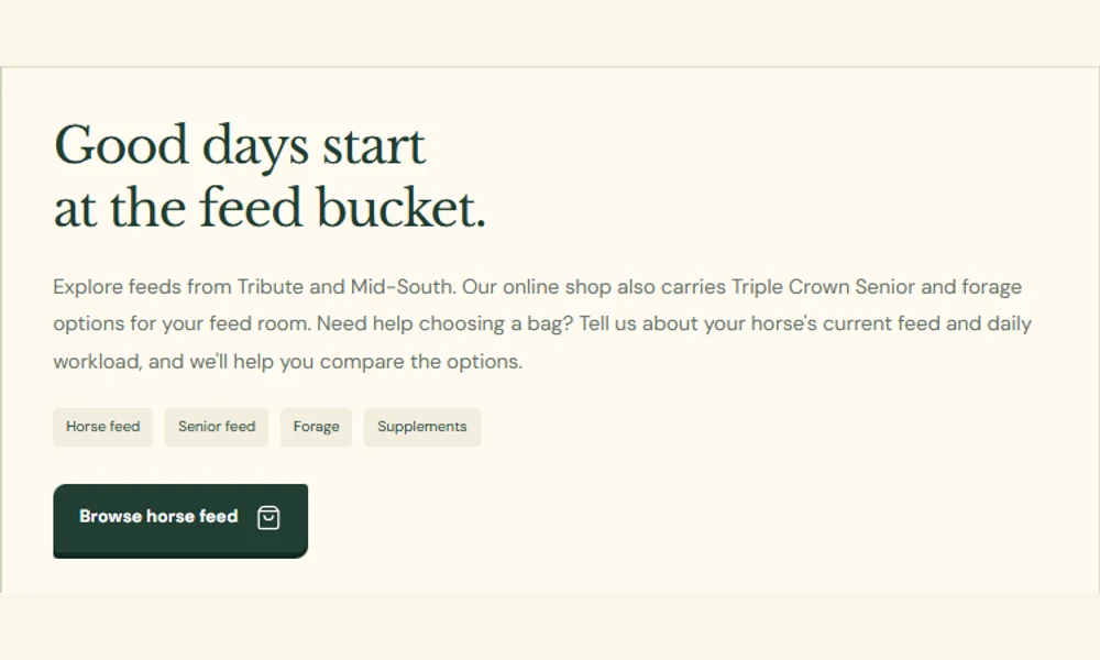 Baker Feed's horse-feed department, with feed options and a button to browse horse feed.