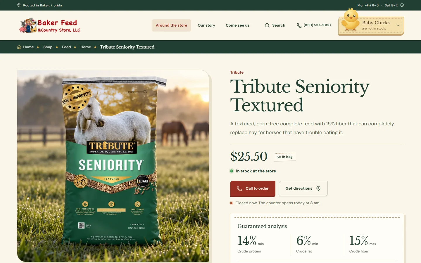 A live Baker Feed product page with a feed bag, current price, stock note and guaranteed analysis.