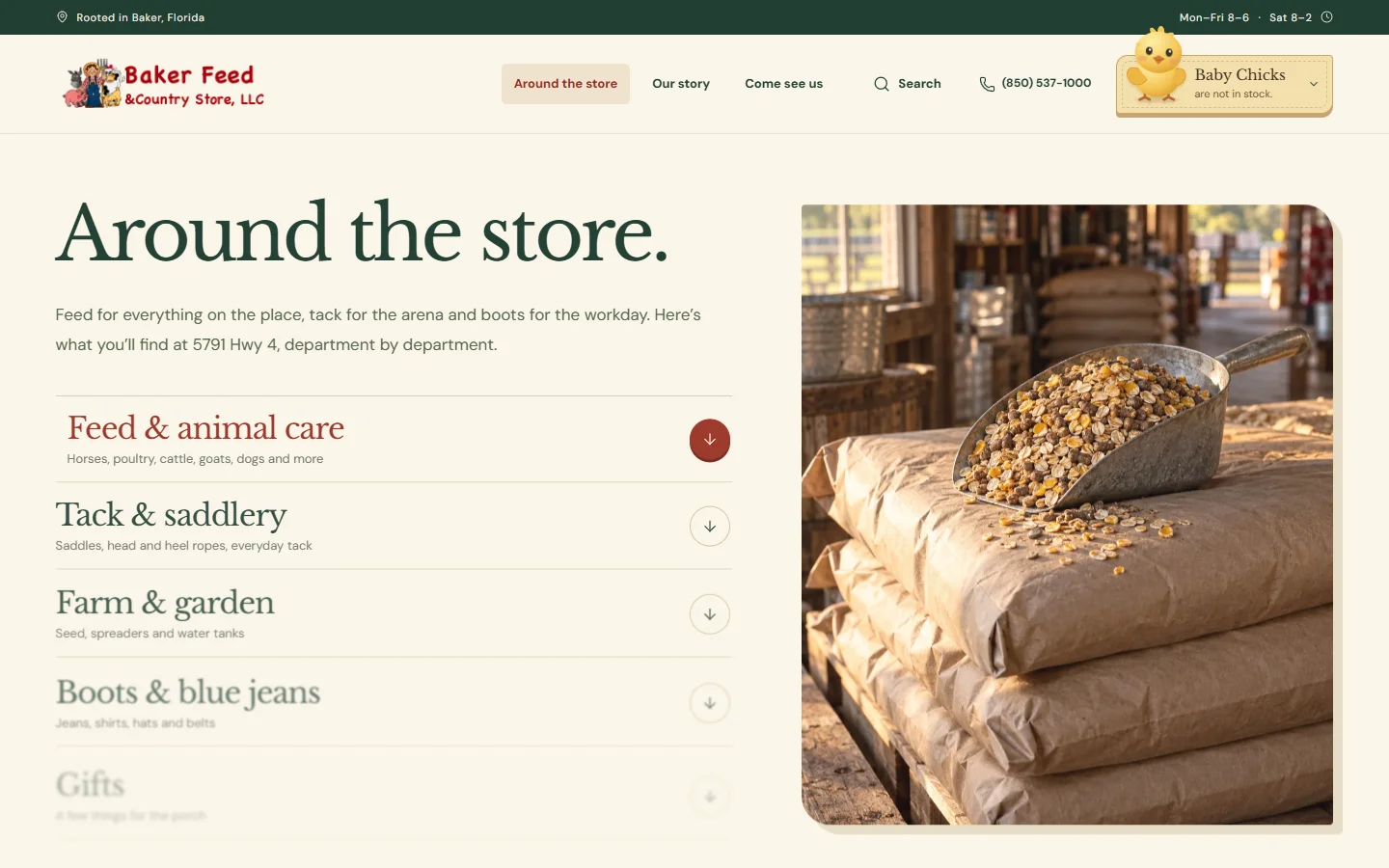 Baker Feed's live shop page, with store departments beside a photograph of feed bags and a scoop.