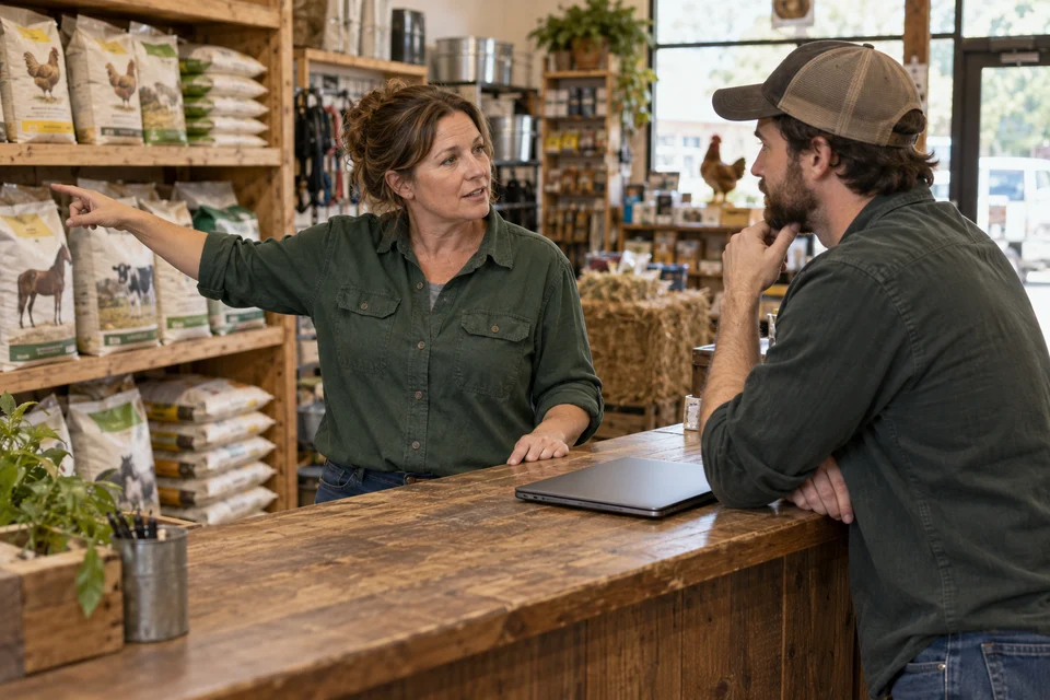 A store owner discussing her shop with a website developer at the counter.