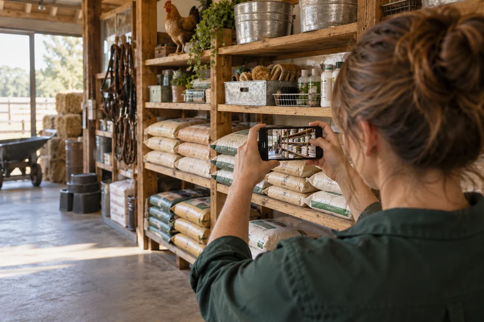 An employee photographing feed and supplies for the store website.
