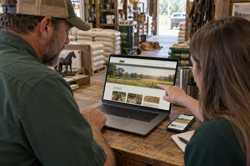 A store owner reviewing a website on a laptop and phone.