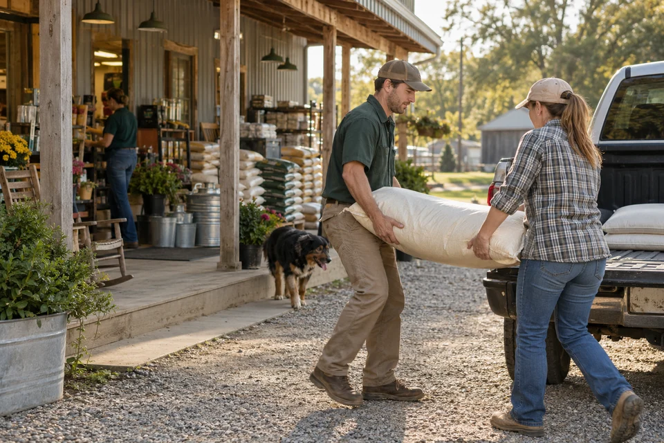 A feed store employee helping a customer carry a sack to a pickup.