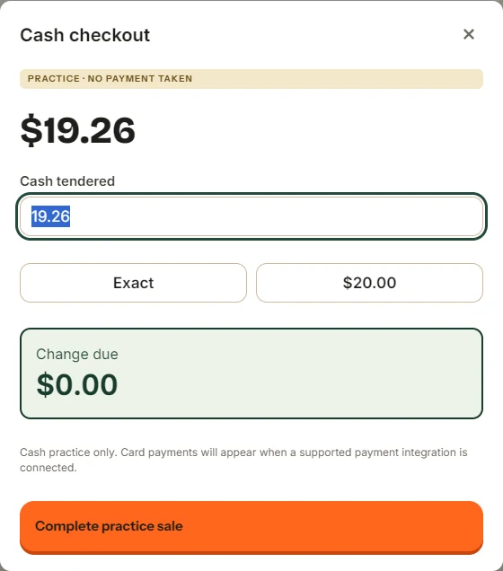 Cash payment in the Crossroads POS practice register