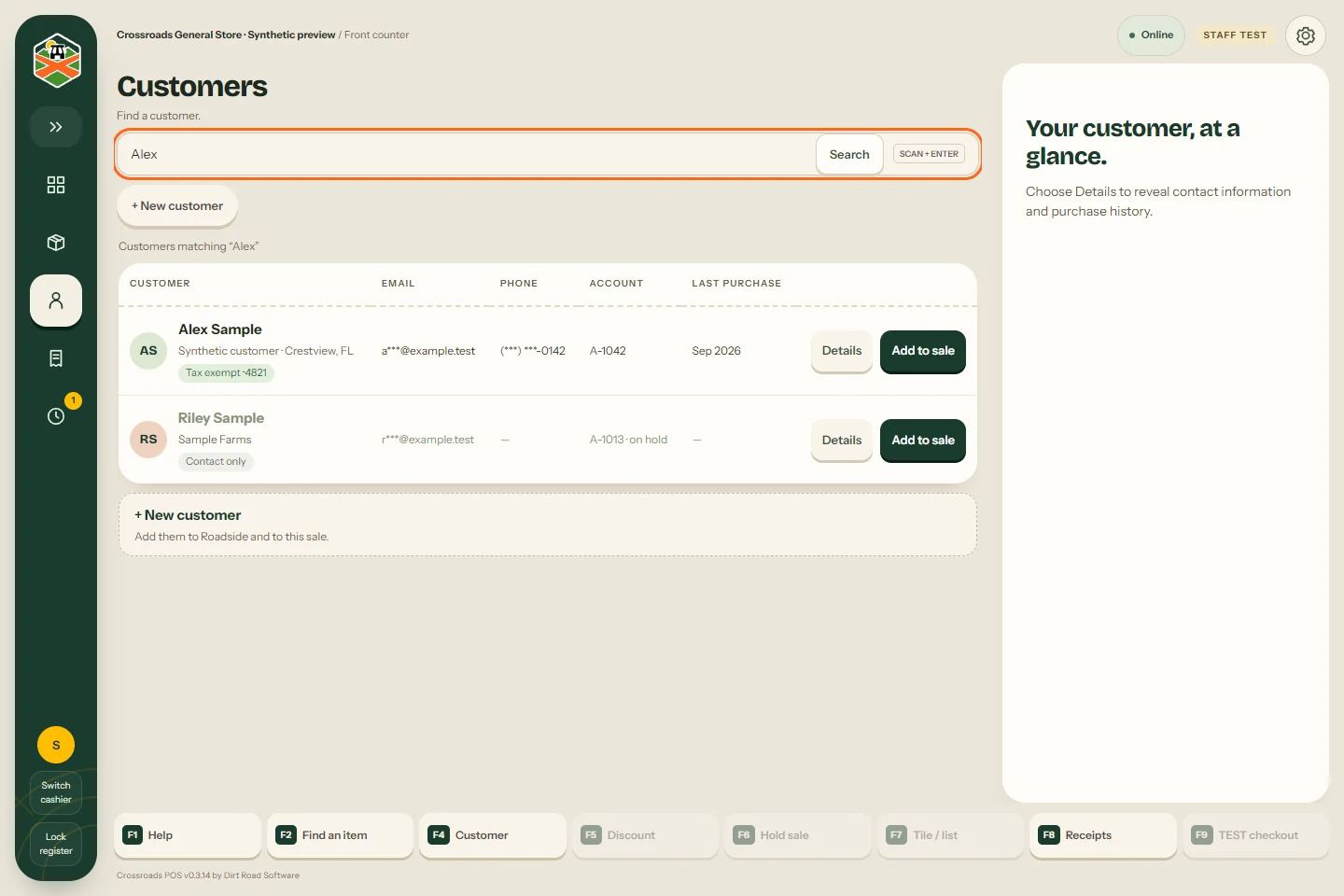 Customer lookup in Crossroads POS using a fabricated customer
