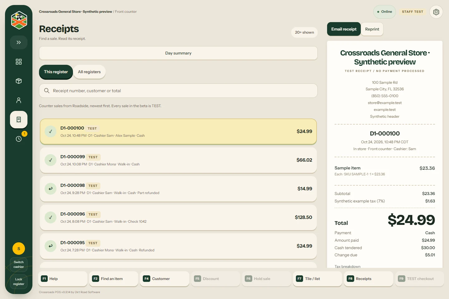 Crossroads POS receipt history with fabricated sales and an original receipt