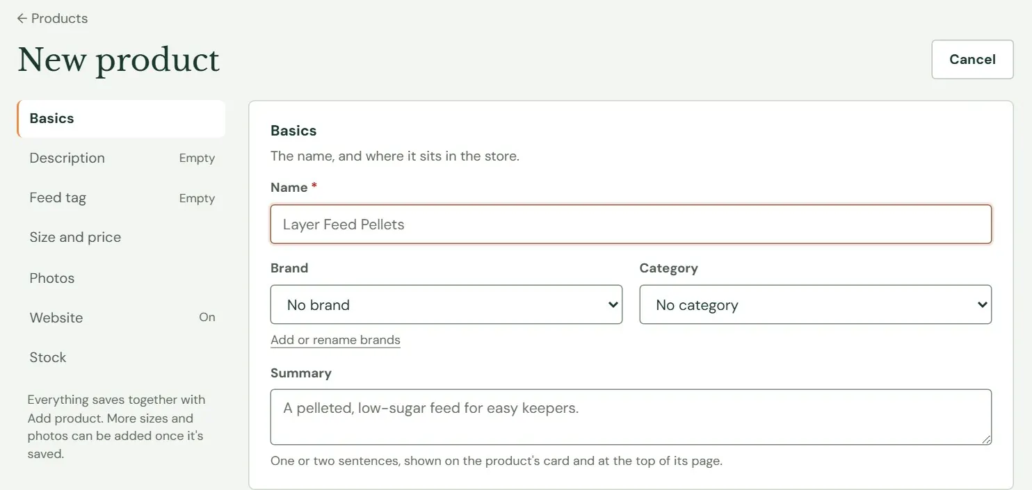 A blank New product screen.