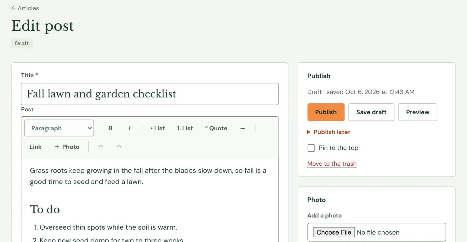 The Roadside article editor with a draft, publishing controls and a featured photo.