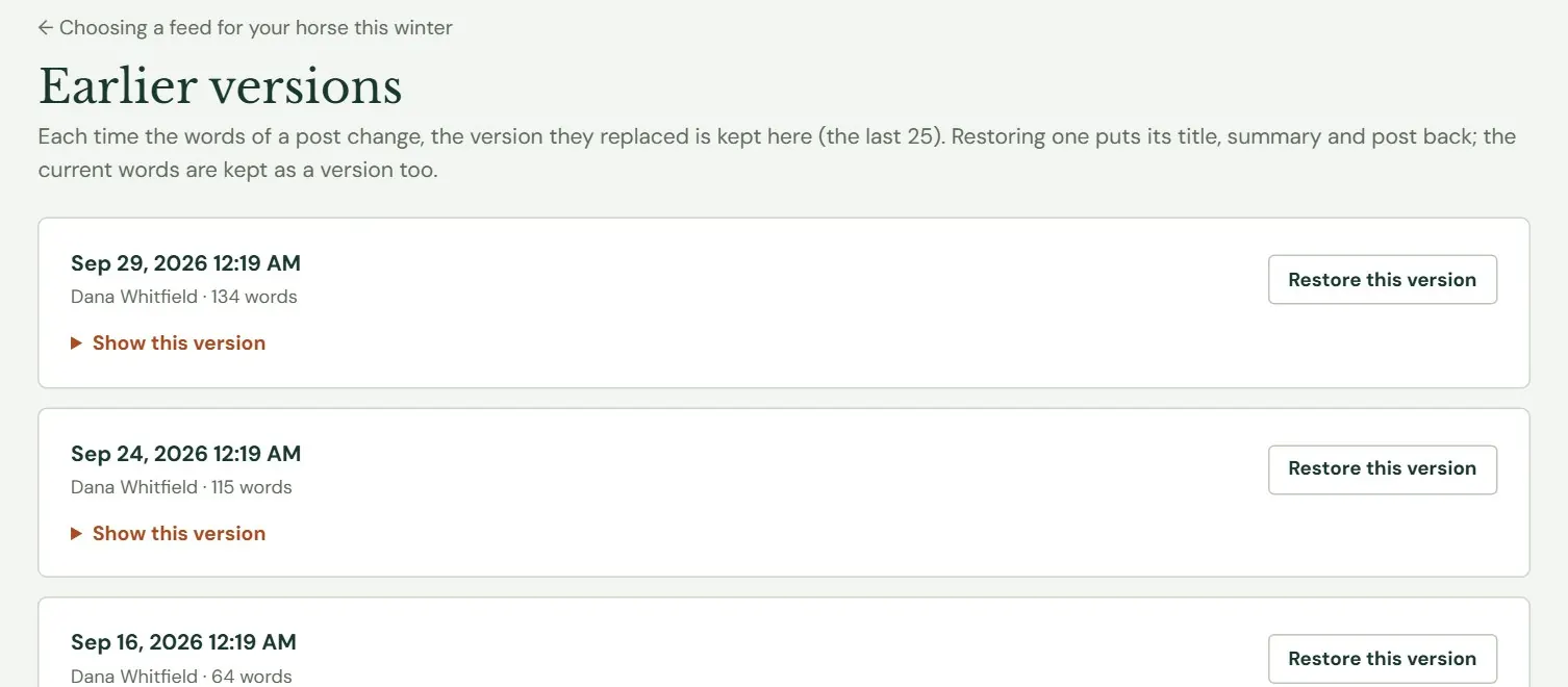 Earlier versions of an article.