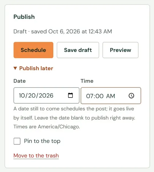 Choosing a date turns Publish into Schedule.