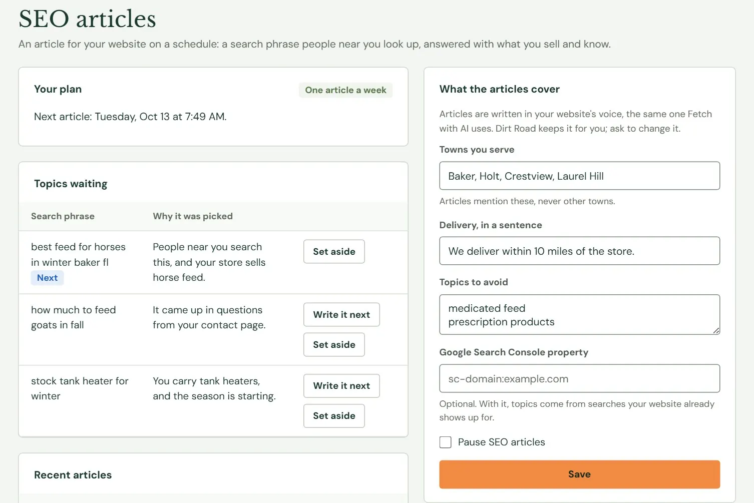 Roadside SEO article controls showing the schedule, waiting topics and recent articles.