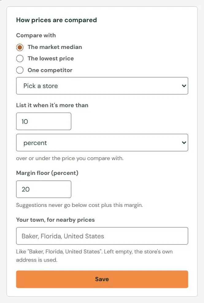 The settings card on Pricing check.