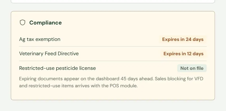 The Compliance card on a ranch account.