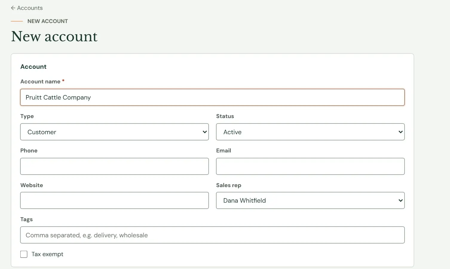 The top of the New account form.