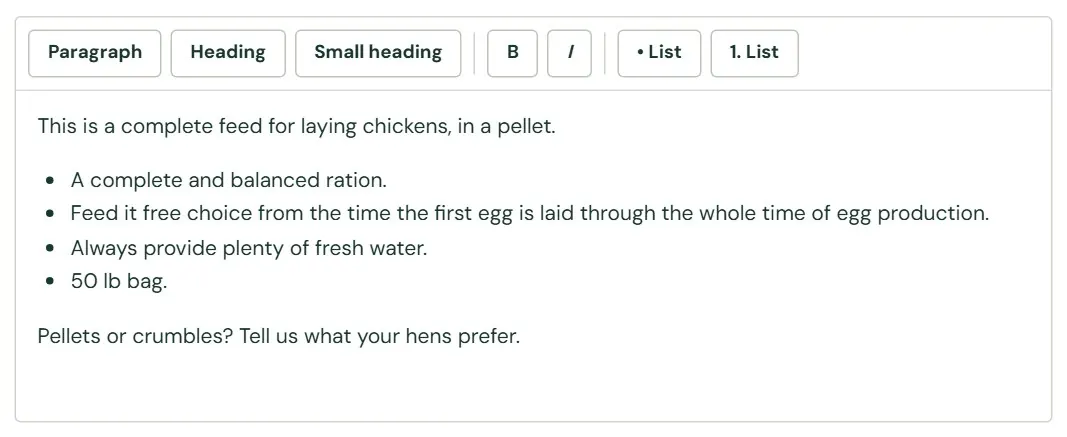 The Description box for 16% Layer Pellets.