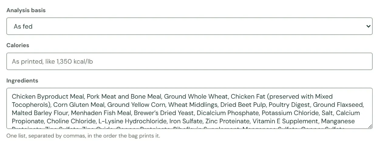 Under the rows: analysis basis, calories and ingredients.