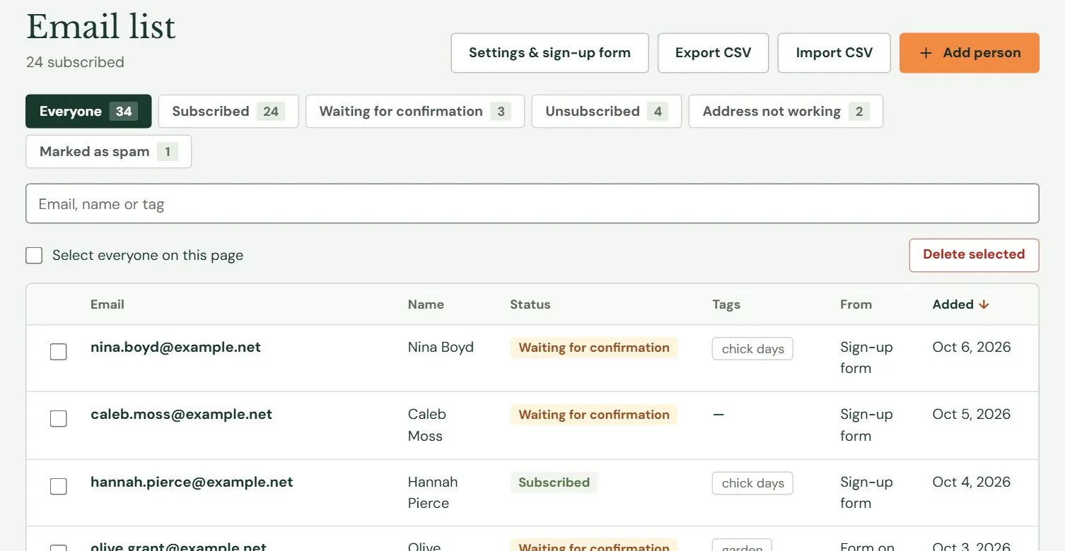 Subscriber statuses and tags in the Roadside demo store’s email list.