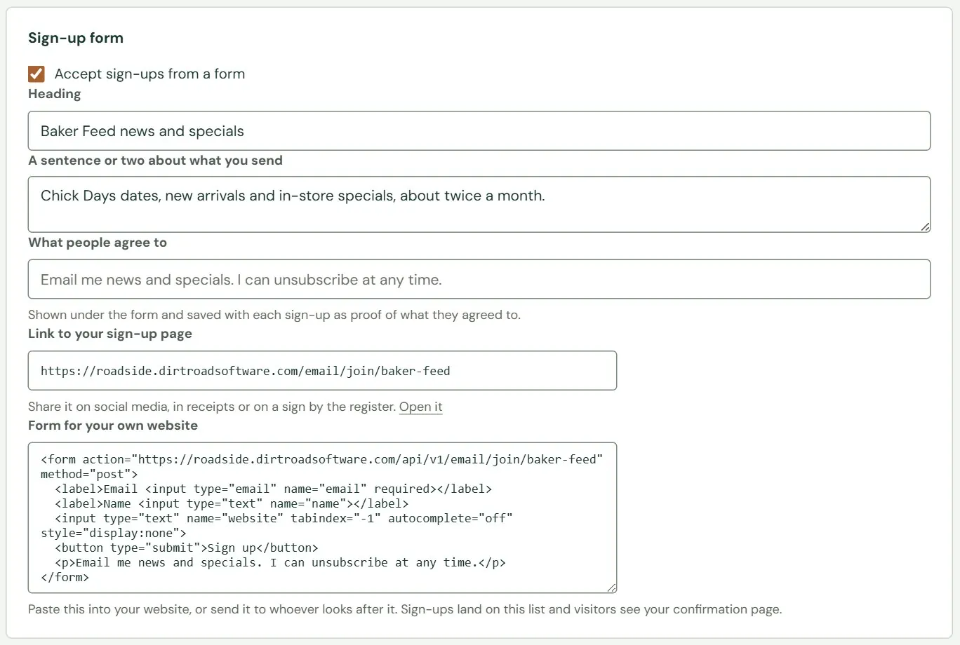 The sign-up form settings, with the form on.