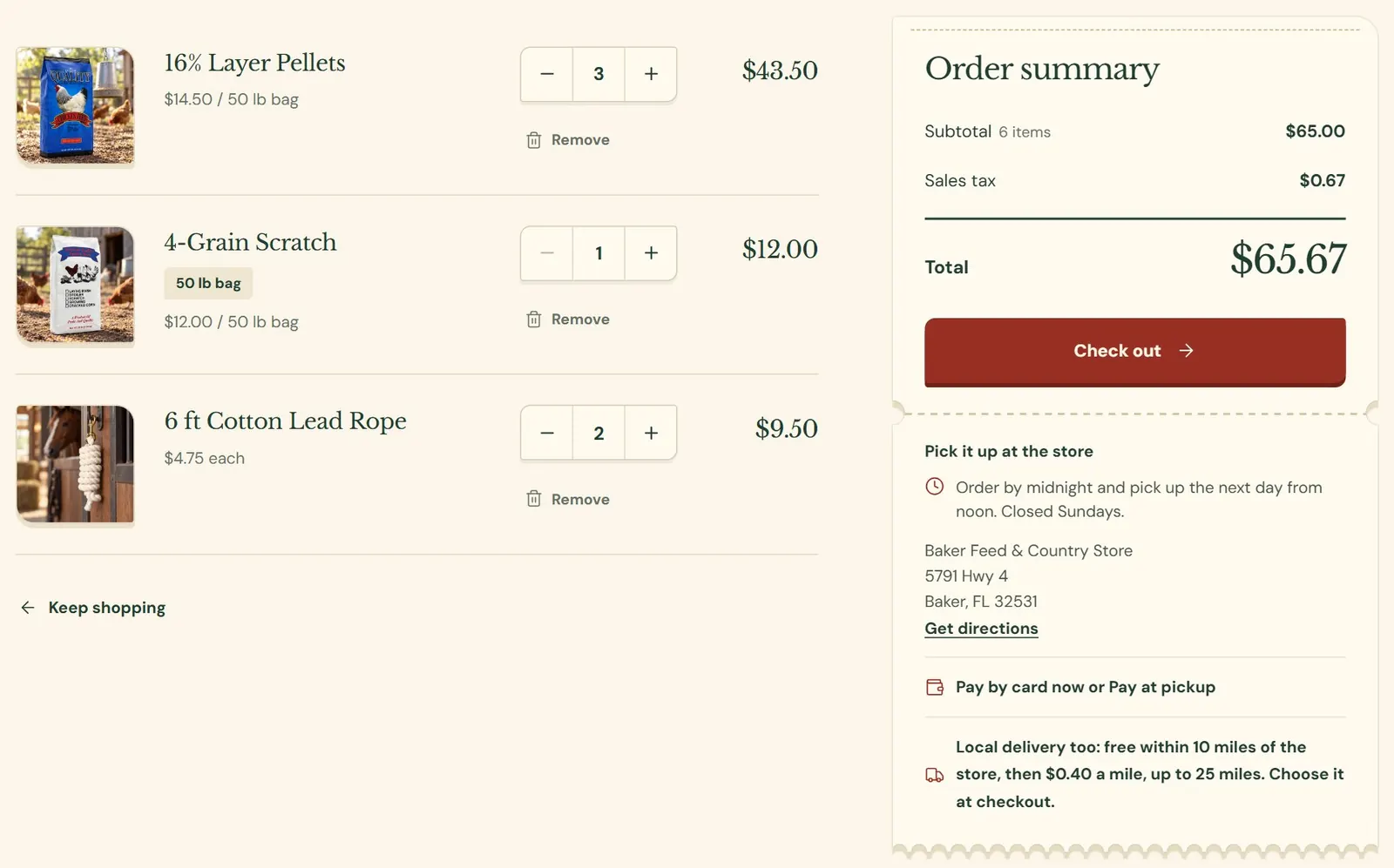 A cart on the sample store's website. The words on your own website may differ a little from this picture.