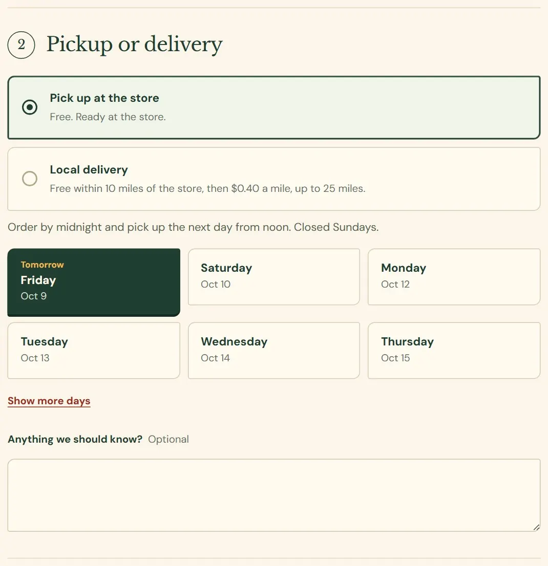 Step 2, pickup or delivery and the day.