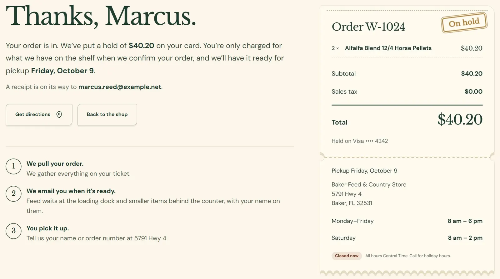 The order page for a card that is on hold.