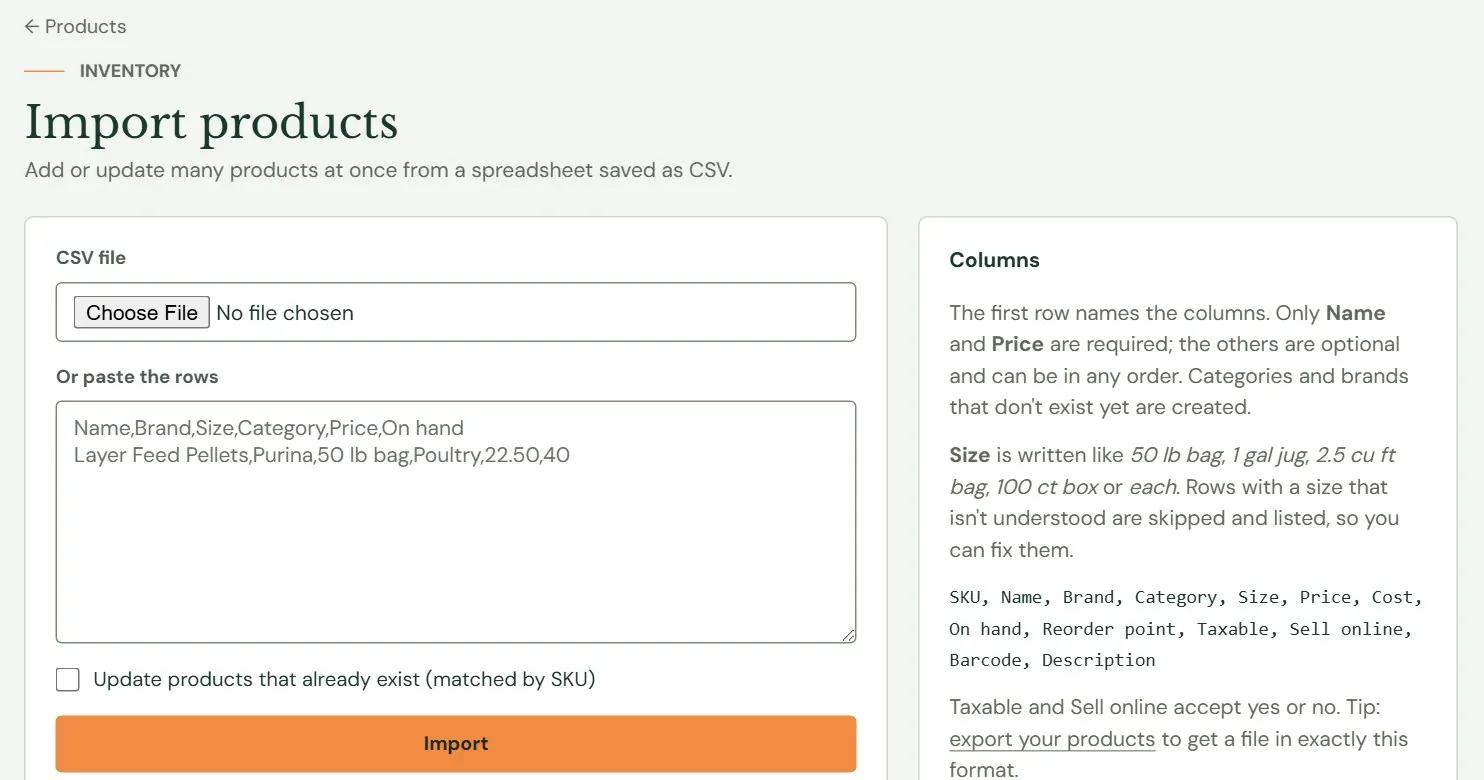 The Import products screen.