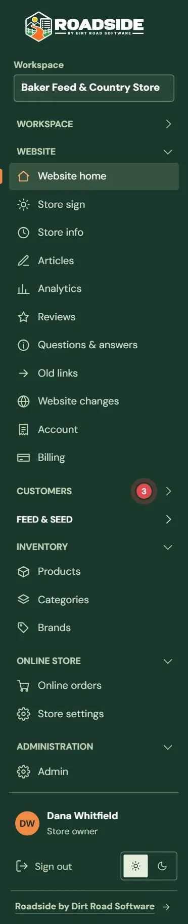 The menu as a Store owner sees it.
