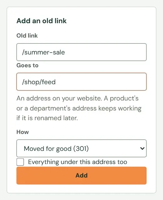 The Add an old link form.