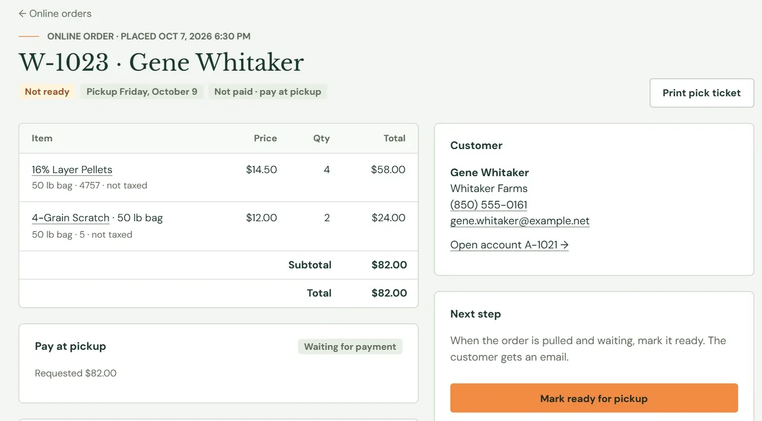 An order paid at pickup, not yet ready.