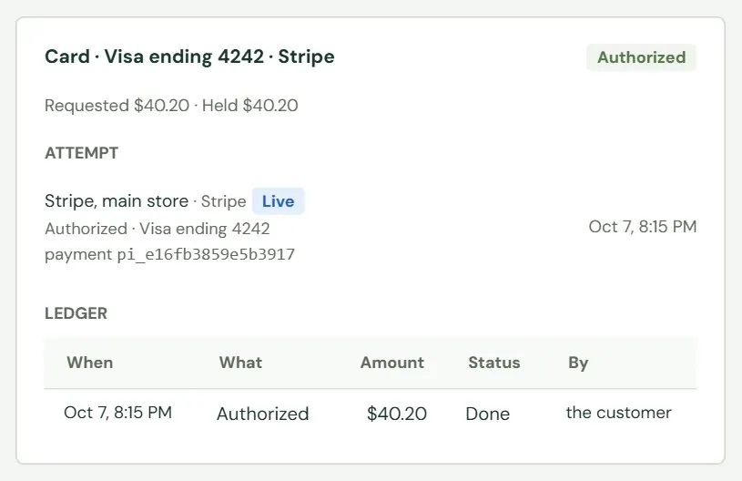The payment box of an order with a held card.