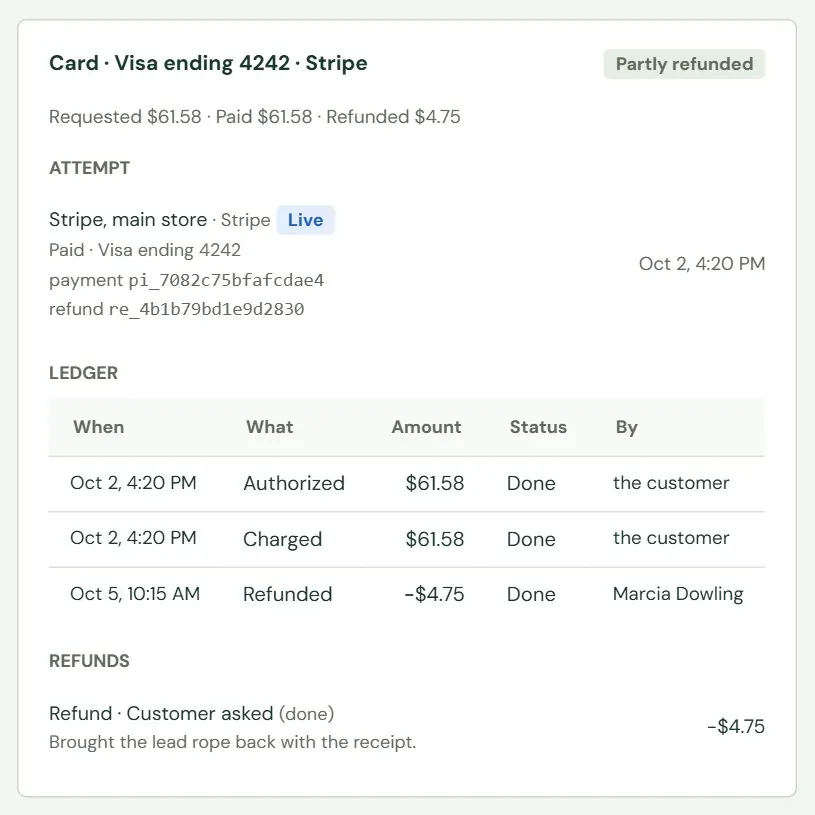 A card payment after a part refund.