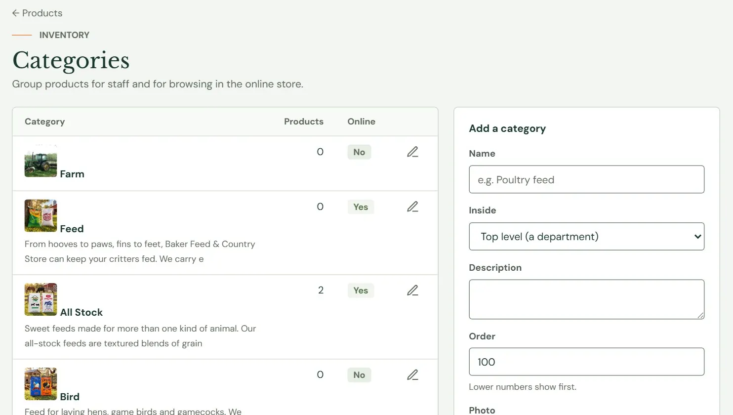 Categories, with the Add a category card on the right.