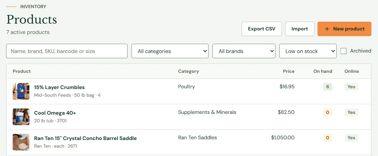 The Products list, filtered to what is low on stock.