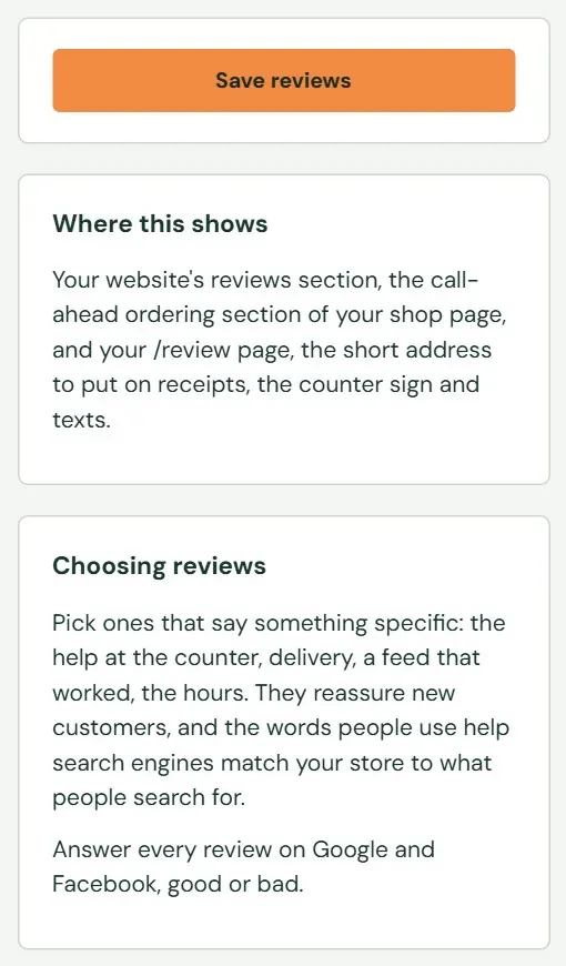 Save reviews, and where the reviews show.