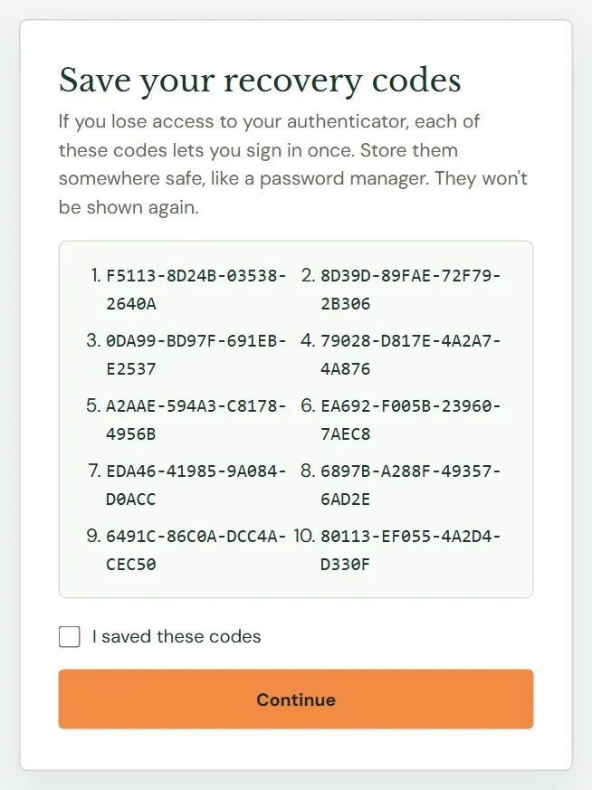 The recovery codes screen.